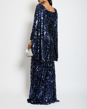 Roland Mouret Navy Blue Sequin Gown Long Dress with Cape Sleeves Detail Size UK 8
