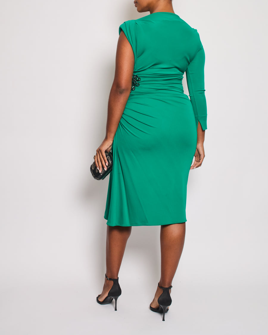 Zuhair Murad Green One-Sleeve Midi Dress with Crystal Embroidery Size IT 46 (UK 14)