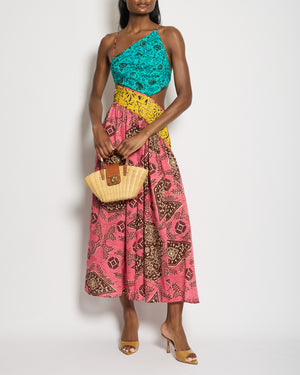 Zimmermann Pink, Yellow and Blue Printed Cotton One Shoulder Midi Dress with Cross Back Tie Detail Size 1 (UK 10)