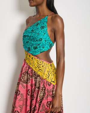 Zimmermann Pink, Yellow and Blue Printed Cotton One Shoulder Midi Dress with Cross Back Tie Detail Size 1 (UK 10)