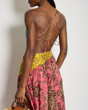Zimmermann Pink, Yellow and Blue Printed Cotton One Shoulder Midi Dress with Cross Back Tie Detail Size 1 (UK 10)