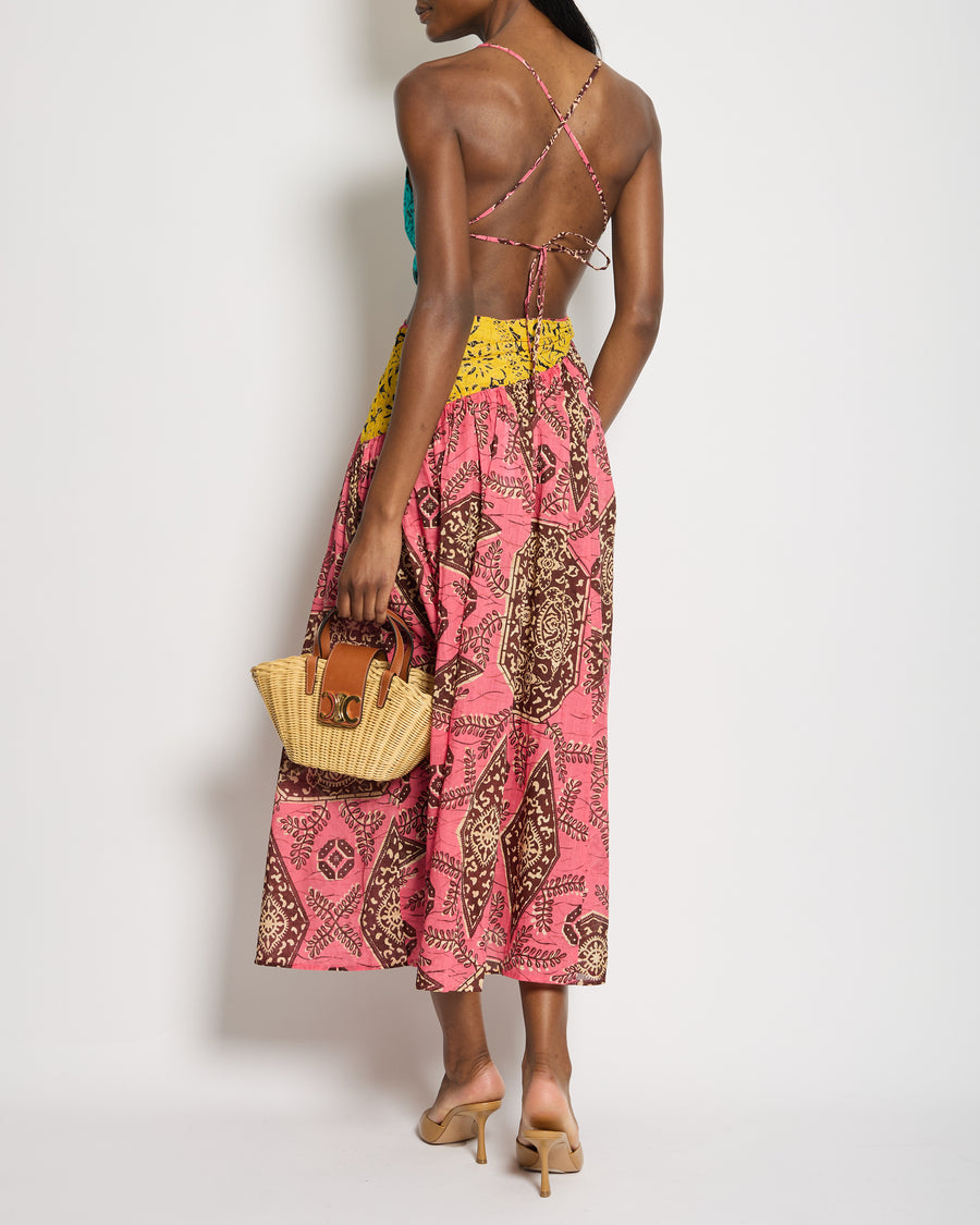 Zimmermann Pink, Yellow and Blue Printed Cotton One Shoulder Midi Dress with Cross Back Tie Detail Size 1 (UK 10)