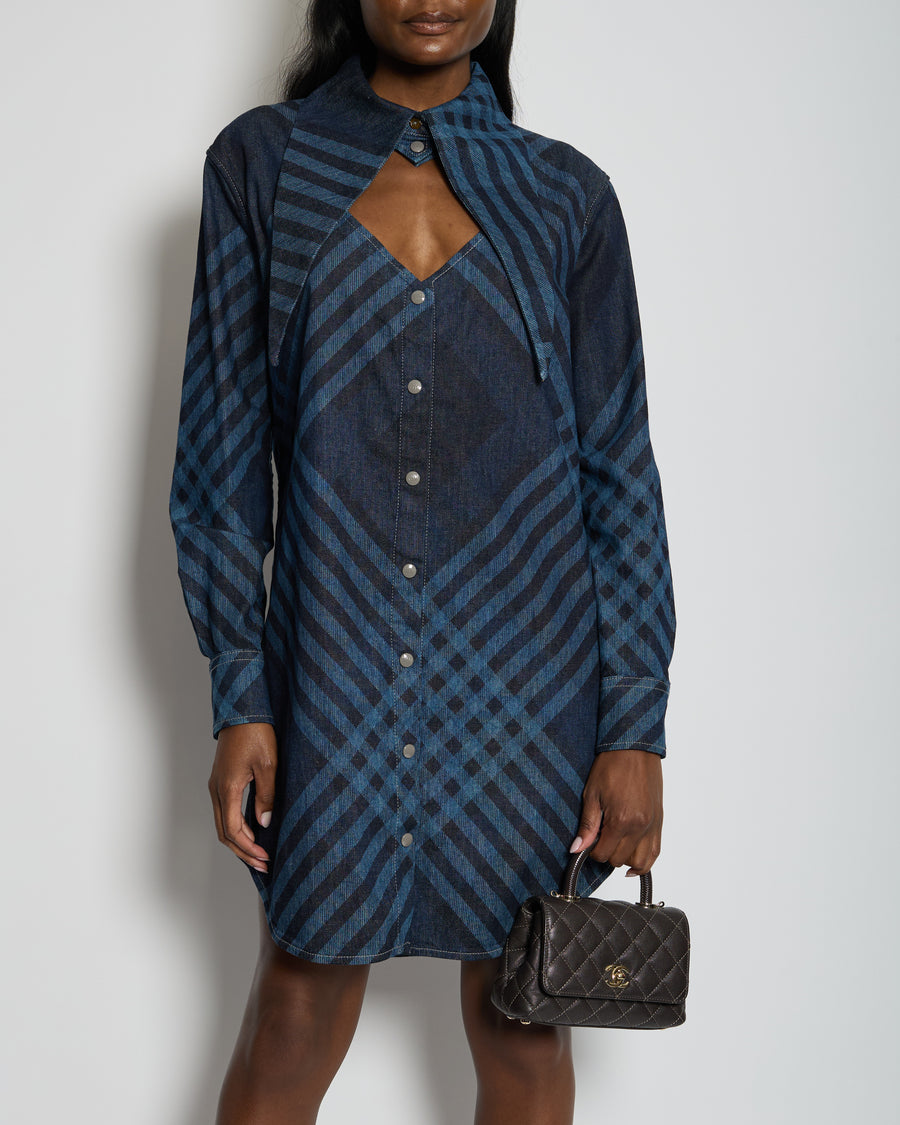 Vivienne Westwood Denim Gingham Printed Long Sleeve Shirt Dress With Exaggerated Collar Size IT 42 (UK 10)