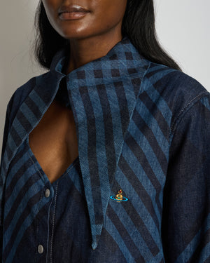 Vivienne Westwood Denim Gingham Printed Long Sleeve Shirt Dress With Exaggerated Collar Size IT 42 (UK 10)