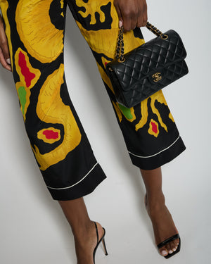 Valentino Black and Yellow Dragon Print Silk Wide Leg Trousers with White Trim IT 38 (UK 6)