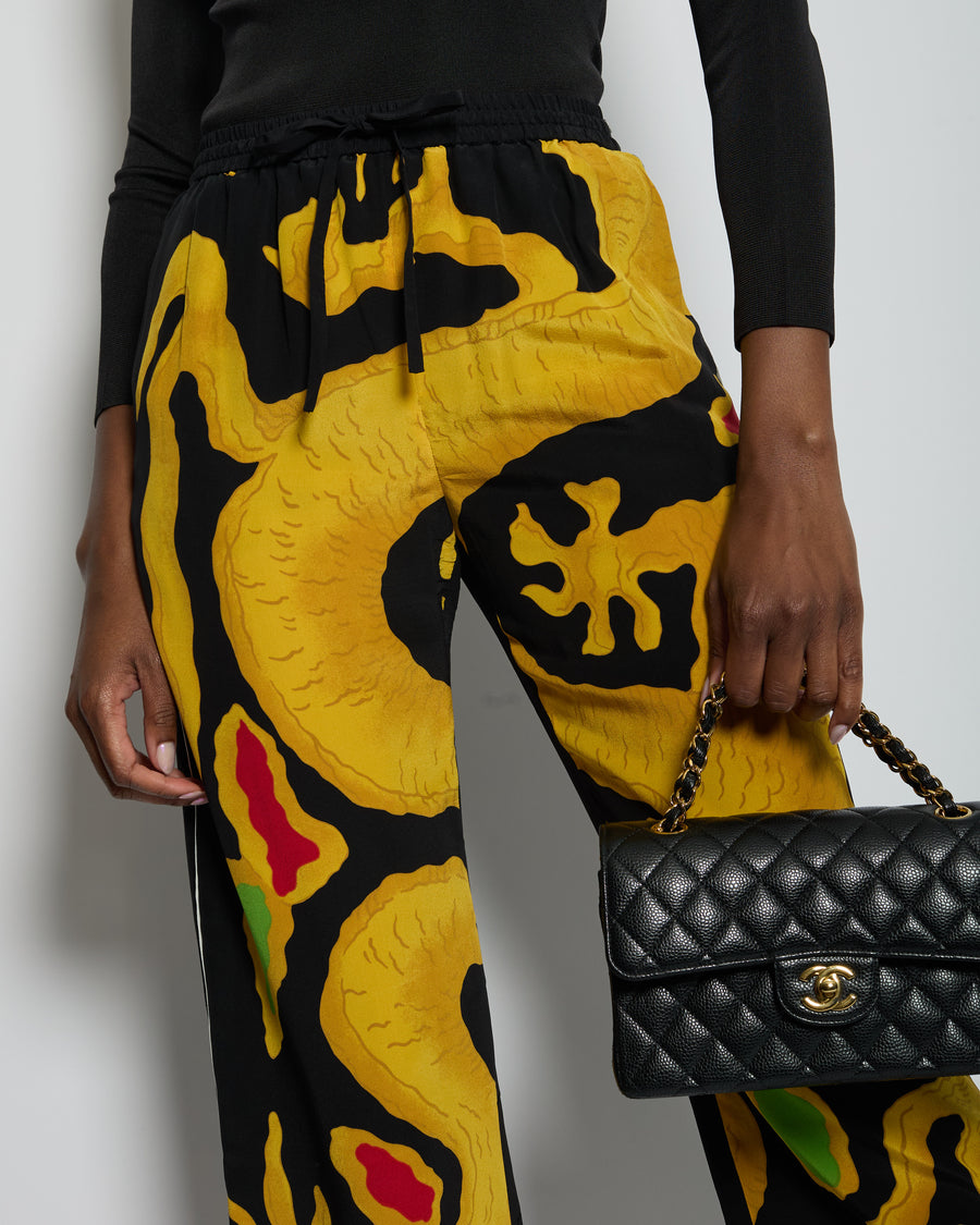 Valentino Black and Yellow Dragon Print Silk Wide Leg Trousers with White Trim IT 38 (UK 6)