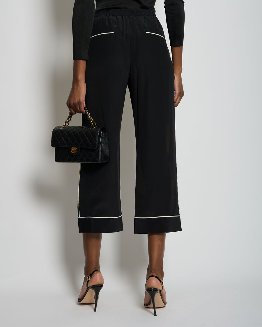 Valentino Black and Yellow Dragon Print Silk Wide Leg Trousers with White Trim IT 38 (UK 6)
