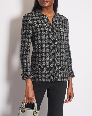 Chanel Black, Grey Tweed Large Houndstooth Jacket with Front Pockets and Black Leather Button Details, Size FR 38 (UK 10)