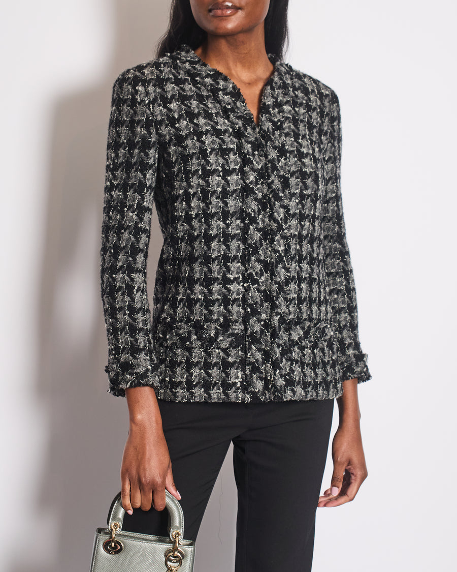 Chanel Black, Grey Tweed Large Houndstooth Jacket with Front Pockets and Black Leather Button Details, Size FR 38 (UK 10)
