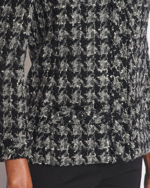 Chanel Black, Grey Tweed Large Houndstooth Jacket with Front Pockets and Black Leather Button Details, Size FR 38 (UK 10)