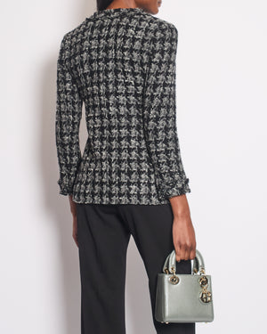 Chanel Black, Grey Tweed Large Houndstooth Jacket with Front Pockets and Black Leather Button Details, Size FR 38 (UK 10)