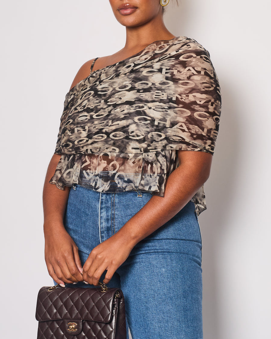 Chanel 2002 Grey Coco Chanel Vintage Silk Two-Piece Tops Set with Logos Size EU 40 (UK 12)