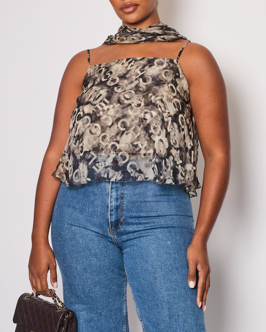 Chanel 2002 Grey Coco Chanel Vintage Silk Two-Piece Tops Set with Logos Size EU 40 (UK 12)