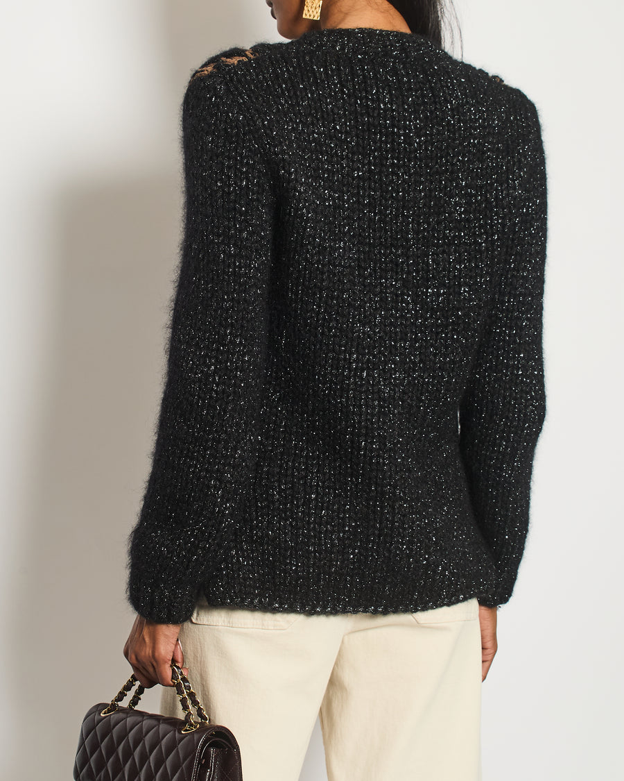 Chanel Black and Brown Quilted Mohair Cardigan with Silver Threads and Black Chain Button Details Size FR 34 (UK 6)