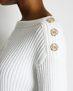Chanel 20P White Ribbed Long Sleeve Mini Dress with CC Logo Buttons FR 42 (Size 14)
