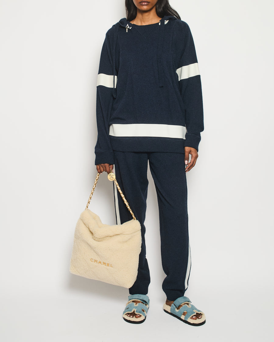 Chanel Navy Two-Piece Cashmere Tracksuit Set with Detachable Hood Detail Size FR 40 (UK 12)