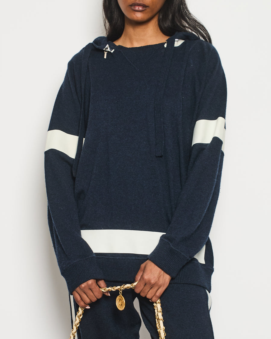 Chanel Navy Two-Piece Cashmere Tracksuit Set with Detachable Hood Detail Size FR 40 (UK 12)