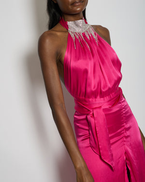 Harmur Silk Fuchsia Maxi Dress with Crystal Neck Detail Size S (UK 8)