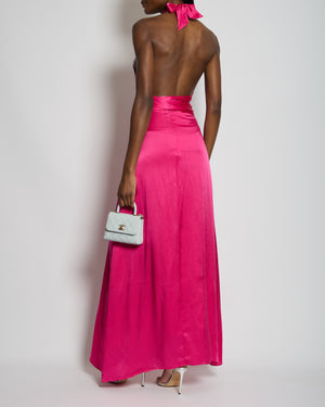Harmur Silk Fuchsia Maxi Dress with Crystal Neck Detail Size S (UK 8)