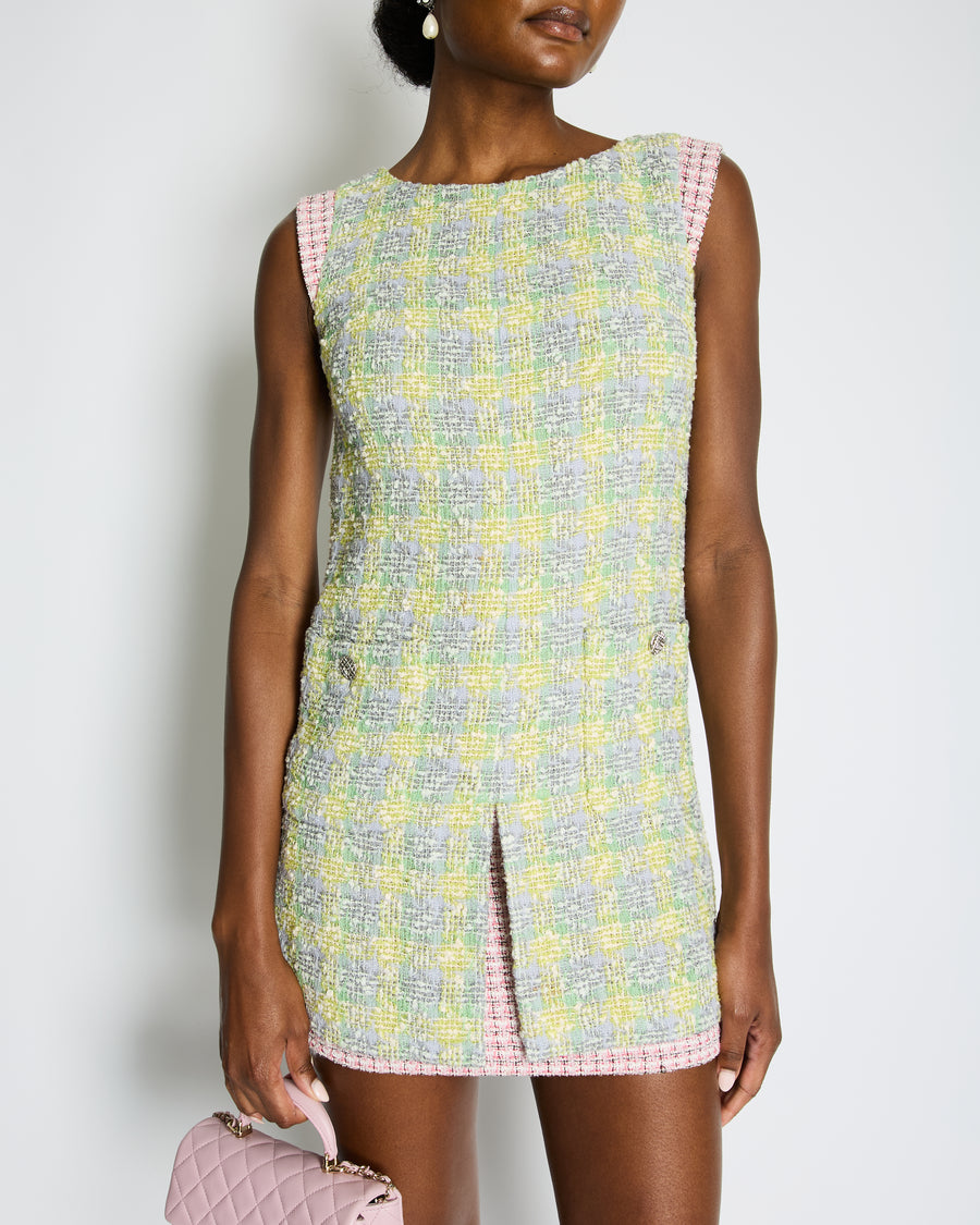 Chanel Yellow, Green Pink Boucle Tweed Shift Dress FR 36 (UK 8)