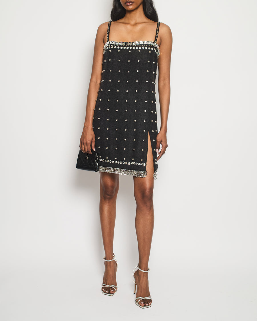 Miu Miu Charcoal Studded Embellished Mini Dress with Chain Mail and Split Detail Size IT 38 (UK 6)