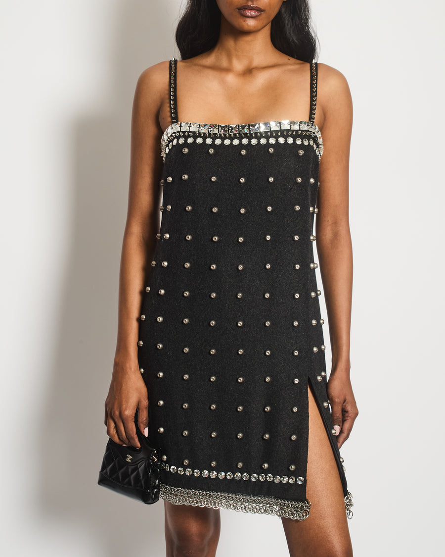 Miu Miu Charcoal Studded Embellished Mini Dress with Chain Mail and Split Detail Size IT 38 (UK 6)