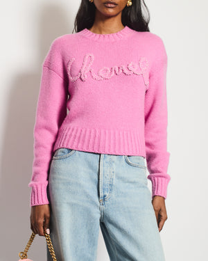Chanel 20/B Pink Cashmere Jumper with Pearl Logo Detail Size FR 36 (UK 8)