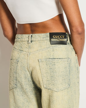 Gucci Acid Wash Blue Denim Straight Leg Jeans with GG Monogram Embroidery Size W 28 (UK 10)