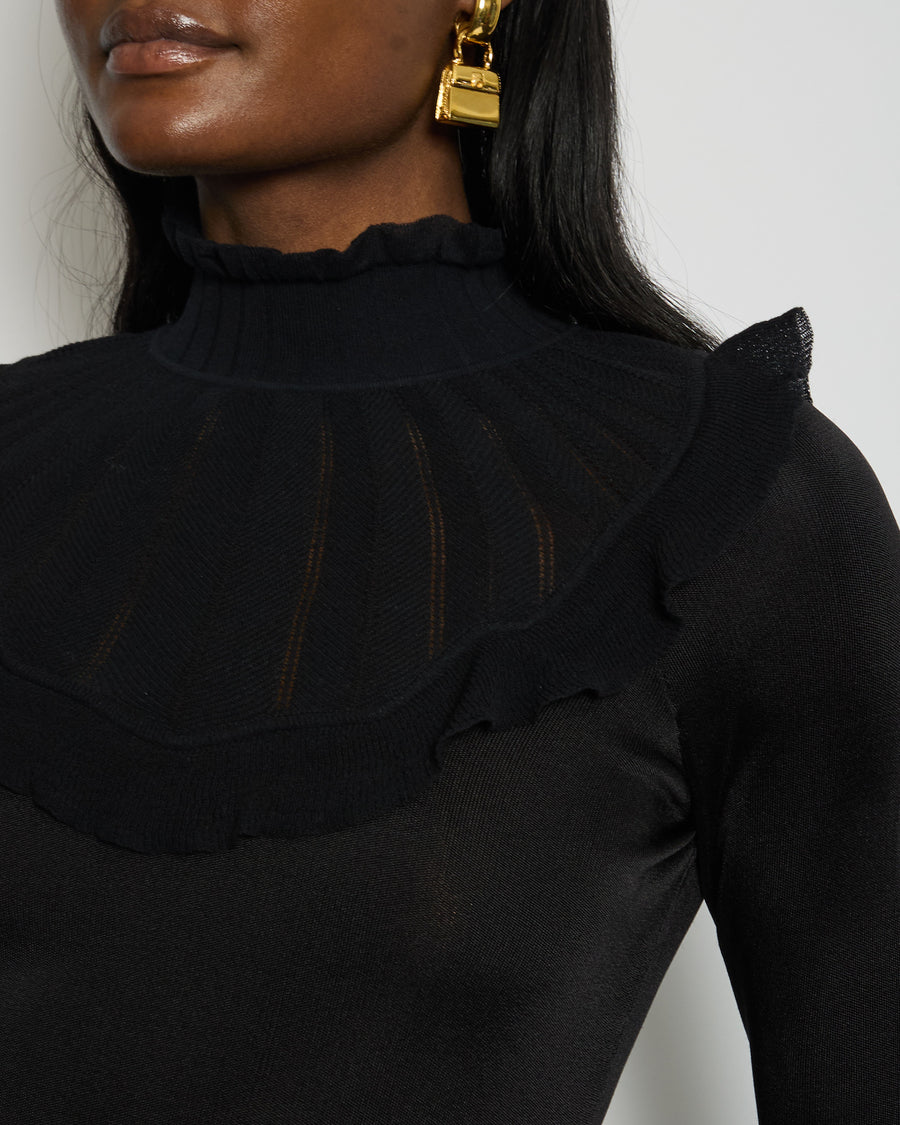 Hermès Black Ruffle Long Sleeve Top with Collar Detail Size FR 34 (UK 6)