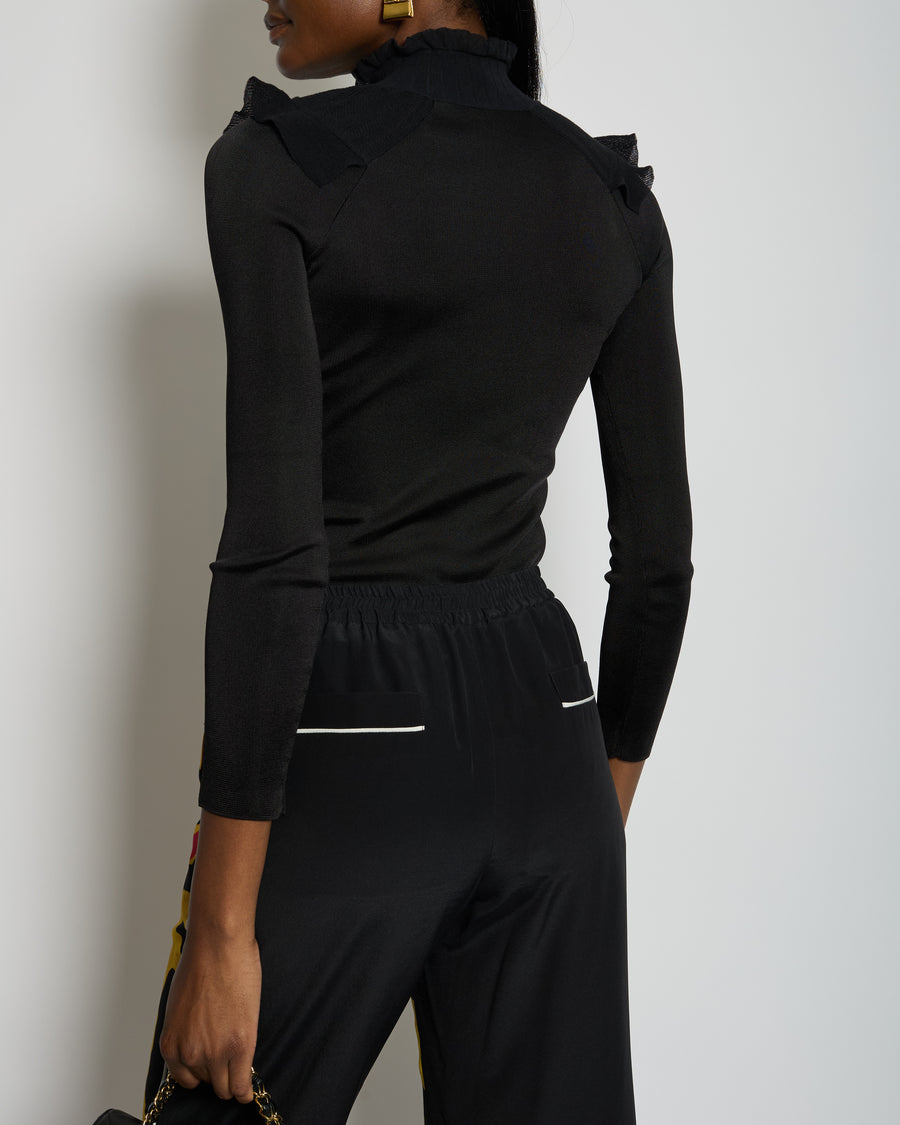 Hermès Black Ruffle Long Sleeve Top with Collar Detail Size FR 34 (UK 6)