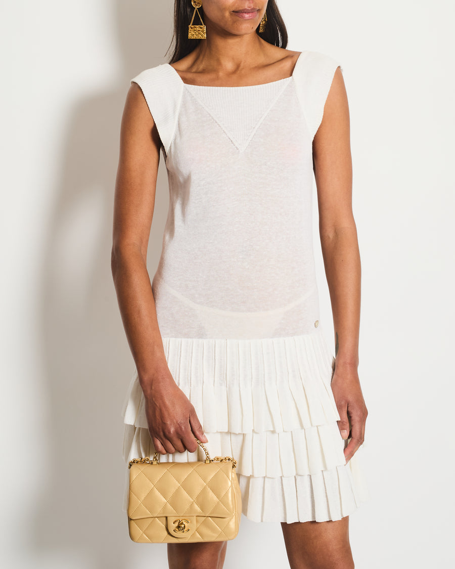 Chanel White Mini Sleeveless Pleated Dress with CC Logo Detail Size FR 36 (UK 8)