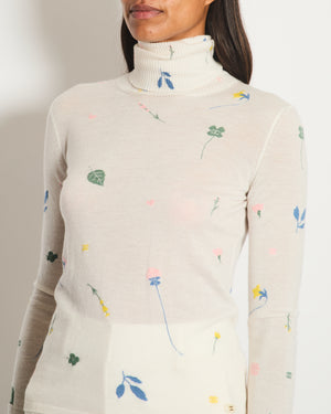 Chanel White Cashmere High-Neck Jumper with Multicolour Floral Details Size FR 34 (UK 6)