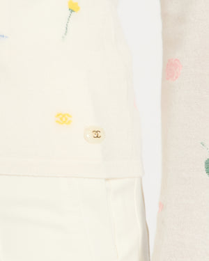 Chanel White Cashmere High-Neck Jumper with Multicolour Floral Details Size FR 34 (UK 6)