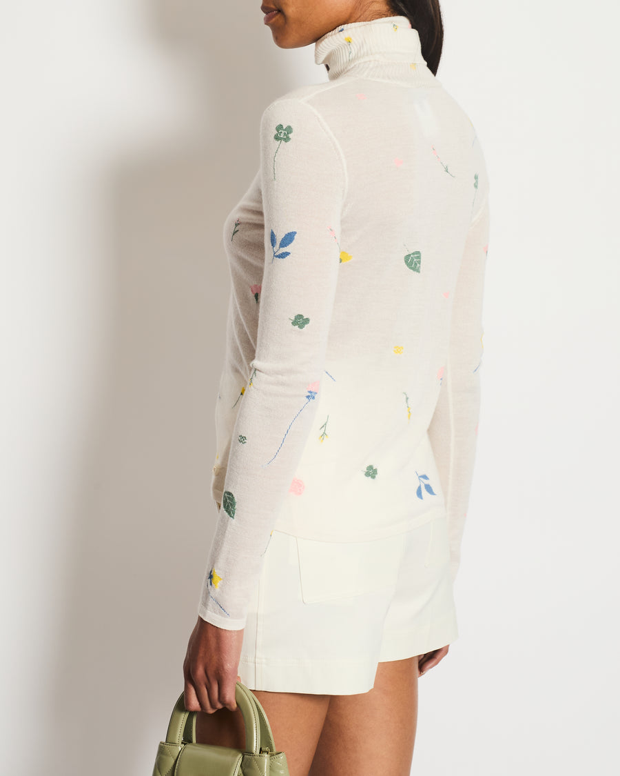 Chanel White Cashmere High-Neck Jumper with Multicolour Floral Details Size FR 34 (UK 6)