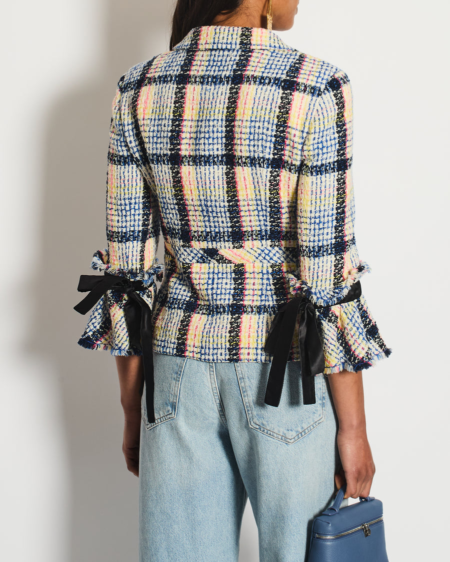 Chanel Blue and Multicolour Tweed Jacket With Black Logo Buttons and Satin Bow Details Size FR 38 (UK 10)