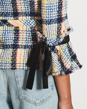 Chanel Blue and Multicolour Tweed Jacket With Black Logo Buttons and Satin Bow Details Size FR 38 (UK 10)