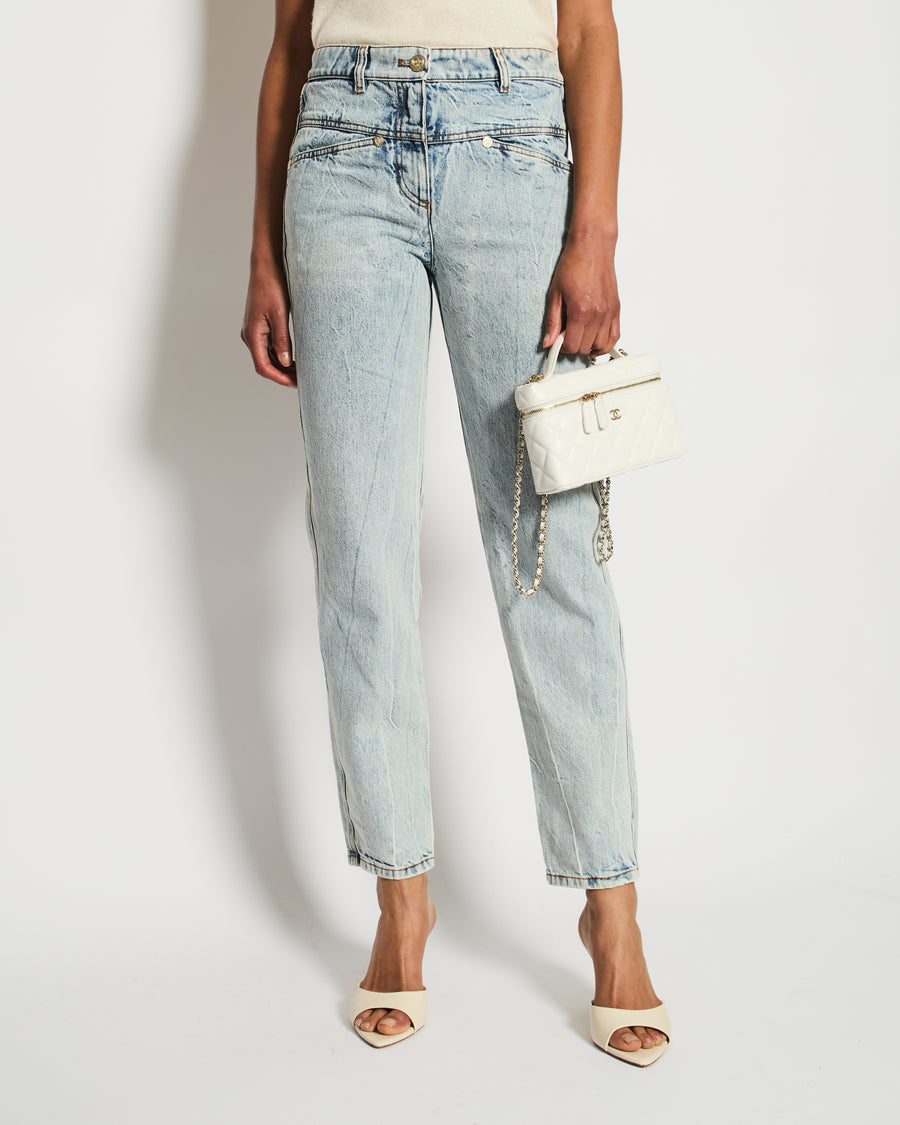 Chanel Blue Straight-Leg Jeans With Heart Silver CC Logo Buttons Size FR 34 (UK 6)