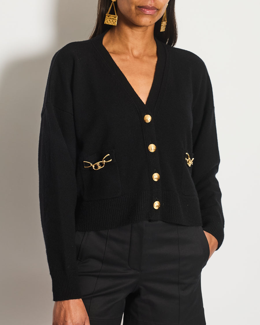 Celine Black Cashmere Cropped Long Sleeve Cardigan with Gold Triomphe Logo Details Size Small UK 8 RRP £1400
