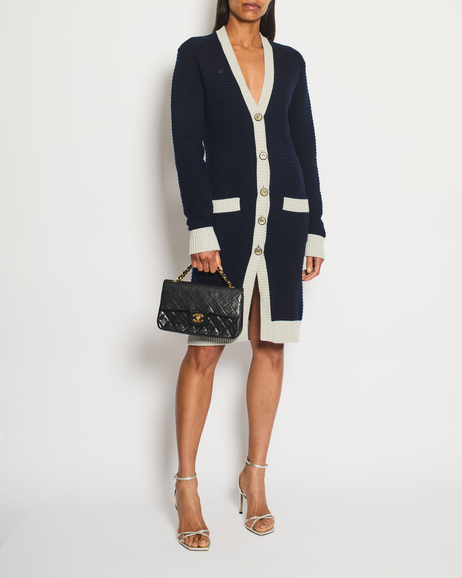 Chanel Navy and Grey Long Sleeve Longline Cashmere Dress Cardigan with Crown Detail Buttons Size FR 36 (UK 8)