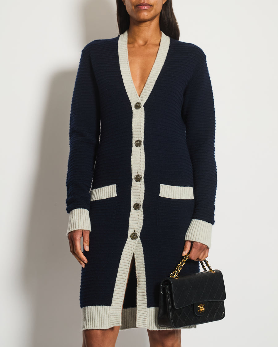 Chanel Navy and Grey Long Sleeve Longline Cashmere Dress Cardigan with Crown Detail Buttons Size FR 36 (UK 8)