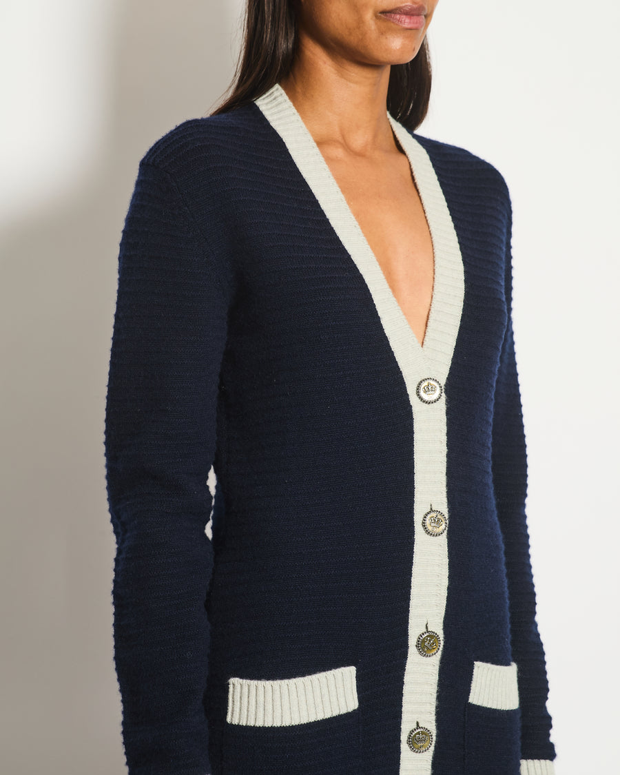 Chanel Navy and Grey Long Sleeve Longline Cashmere Dress Cardigan with Crown Detail Buttons Size FR 36 (UK 8)