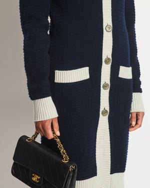 Chanel Navy and Grey Long Sleeve Longline Cashmere Dress Cardigan with Crown Detail Buttons Size FR 36 (UK 8)