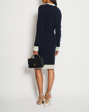 Chanel Navy and Grey Long Sleeve Longline Cashmere Dress Cardigan with Crown Detail Buttons Size FR 36 (UK 8)