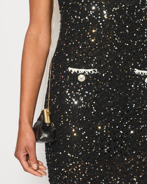 Chanel SS/23 Black Sequin Embellished Mini Dress with Bow and CC Crystal Buttons Details Size FR 36 (UK 8)