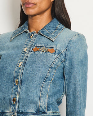 Louis Vuitton Blue Cropped Denim Jacket with Gold Logo Detail and Gold Buttons RRP £2,110 Size FR 34 (UK 6)
