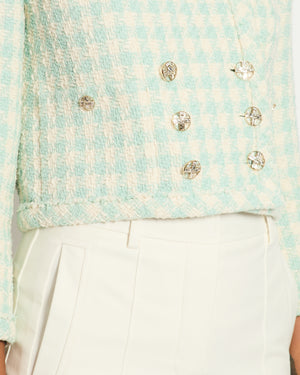 Chanel White and Blue Tweed Jacket With Crystal Buttons Details Size FR 34 (UK 6)