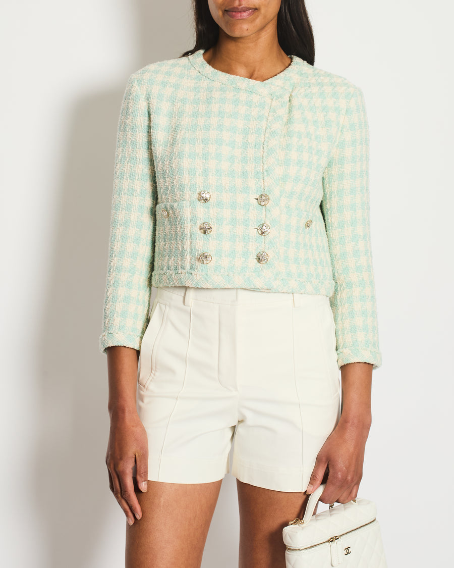 Chanel White and Blue Tweed Jacket With Crystal Buttons Details Size FR 34 (UK 6)