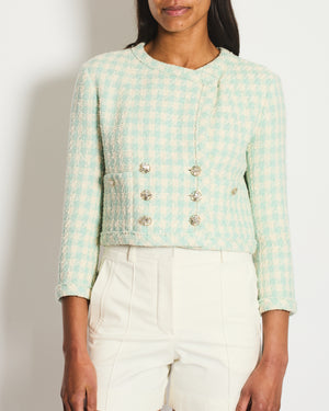 Chanel White and Blue Tweed Jacket With Crystal Buttons Details Size FR 34 (UK 6)
