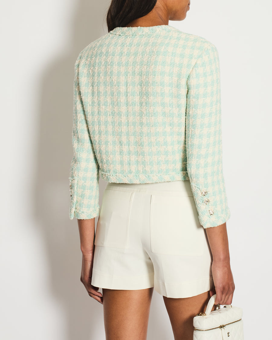 Chanel White and Blue Tweed Jacket With Crystal Buttons Details Size FR 34 (UK 6)