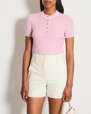 Chanel 24/C Pink and White Short Sleeve Striped Knit T-Shirt With Silver CC Logo Detail Size FR 38 (UK 10)